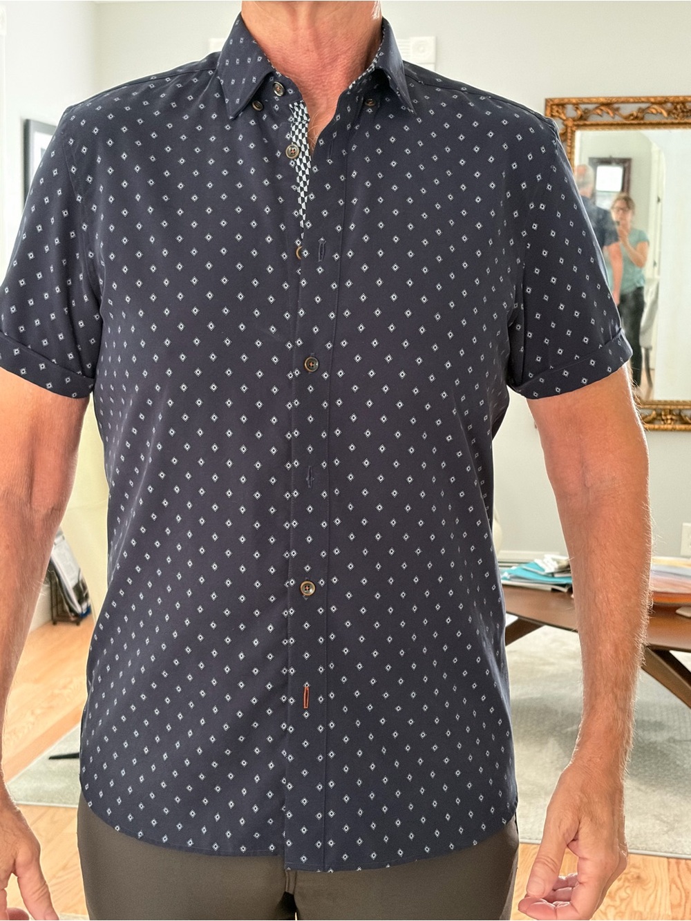 Ted Baker Navy Short-Sleeve Button-Down with White Micro Pattern